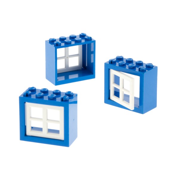 3x Lego Fenster Rahmen 2x4x3 blau Scheibe Fensterkreuz weiß 4133 4132c04