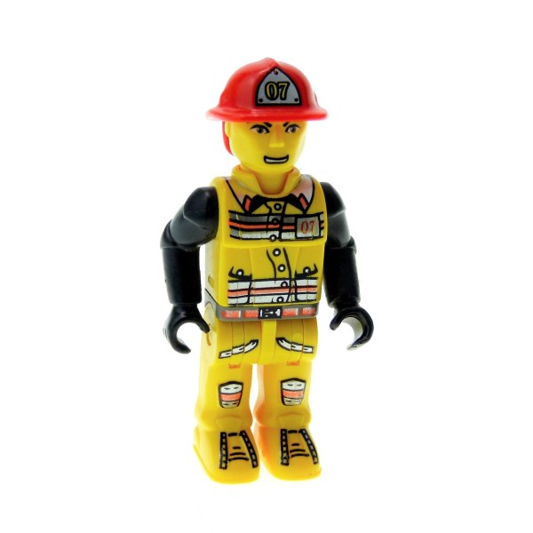 1 x Lego System Figur 4 Juniors Jack Stone Feuerwehr Mann Nr 7 Jacke gelb schwarz Helm rot #07 (Äxte Rückseite) 4657 js007