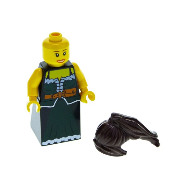 1 x Lego System Figur Castle Fantasy Era - Peasant Bauers Frau Torso schwarz dunkel grün Korsett Rock doppel Gesicht Haare dunkel braun cas412