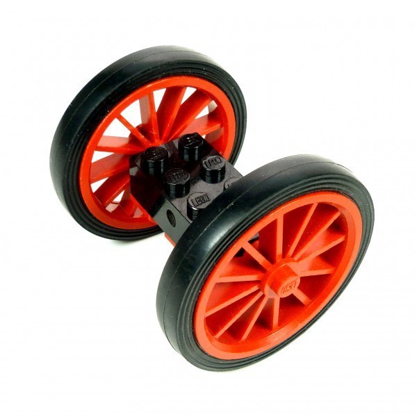 1 x Lego System Achse B-Ware abgenutzt 2x4 old mit Rad Räder Felge groß Speichen rot Reifen glatt Vollgummi Auto Anhänger 35c01 7049b