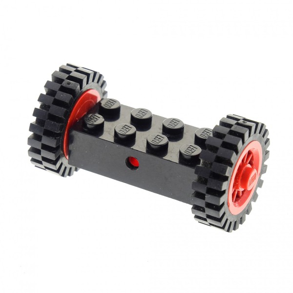 1 x Lego System Rad Achse schwarz 2x4 mit 2x Speichen Rad rot mit Reifen Profil Auto Zug Räder 7049b bb19 3483