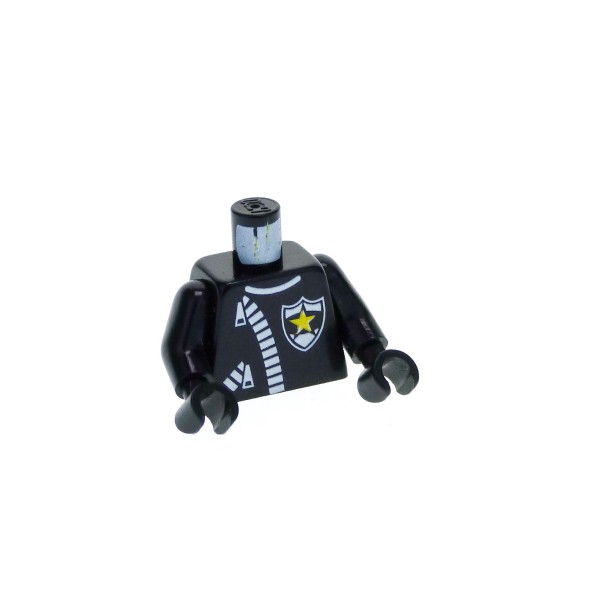 1 x Lego System Torso Oberkörper Figur Classic Town Jr. schwarz Leder Jacke Polizei Marke Stern Reißverschluss Arme Hand schwarz 973px9c01