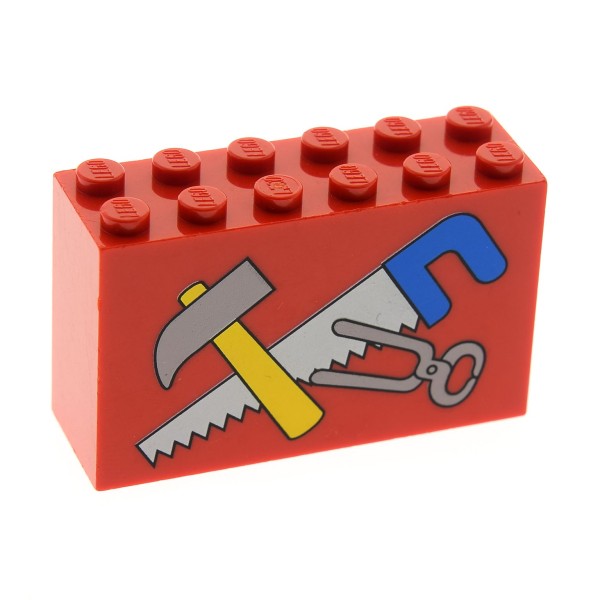 1 x Lego System Bau Stein rot 2x6x3 bedruckt Werkzeug Hammer Zange Säge für Set basic 4139 6213px1