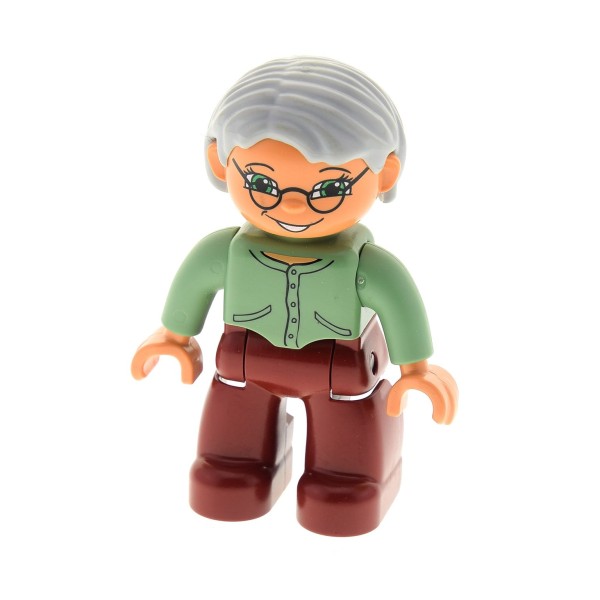 1x Lego Duplo Figur Frau dunkel rot grün Oma Haare grau Brille 47394pb030c