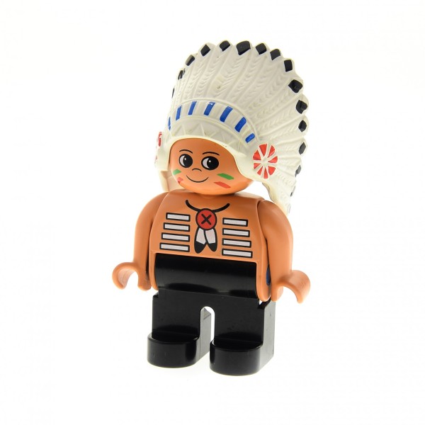1 x Lego Duplo Figur Mann B-Ware abgenutzt Indianer Häuptling Hose schwarz Feder Kopf Schmuck creme weiss (American Indian Chief) 4555pb257