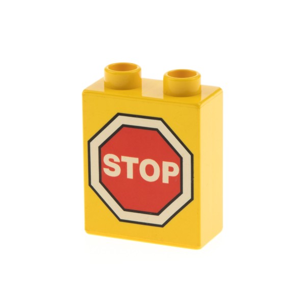 1x Lego Duplo Motivstein gelb 1x2x2 Verkehrs Zeichen Stop Schild Stein 4066pb009
