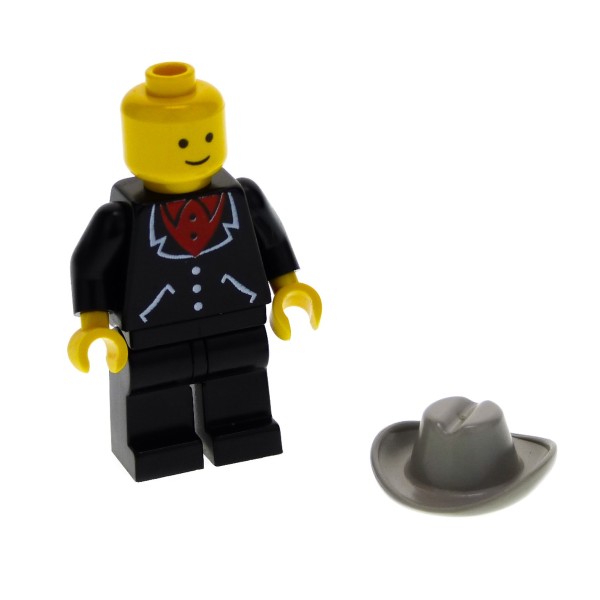 1 x Lego System Figur Mann Classic Town Torso schwarz Anzug mit 3 Knöpfen Beine Hose schwarz Cowboy Hut alt-hell grau trn023