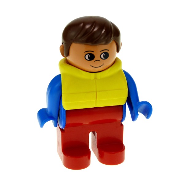 1x Lego Duplo Figur Mann rot blau Schwimmweste gelb Haare braun 4555pb055