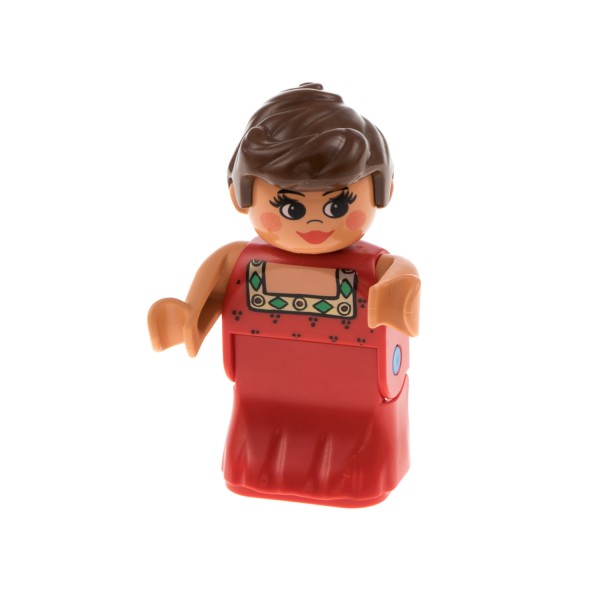 1x Lego Duplo Figur Frau rot Dame Kleid Muster am Ausschnitt grün gold 31181pb02