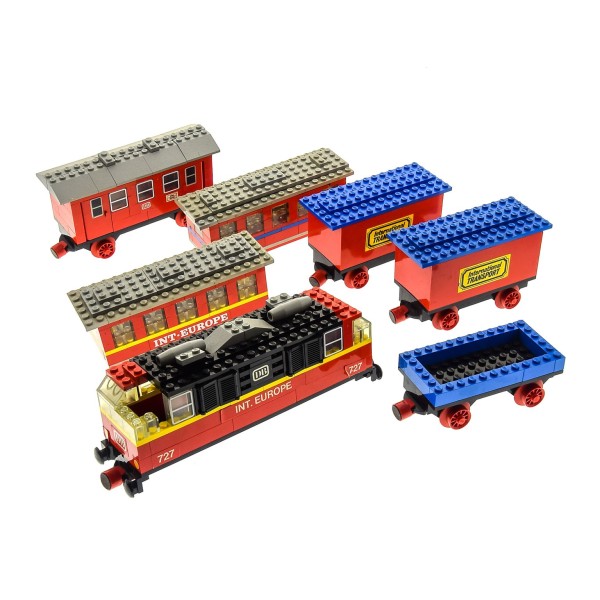 1 x Lego System Eisenbahn Wagon Set Zug Wagen rot blau International Transport 181 x488 INT. EUROPE 727 123 164 leicht verschmutzt unvollständig 