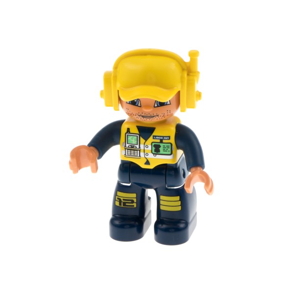 1x Lego Duplo Figur Mann dunkel blau Top und Helm gelb Augen blau 47394pb042