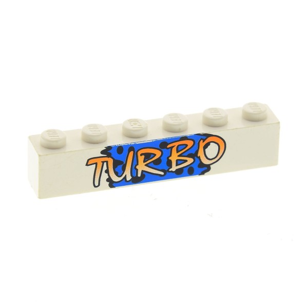1 x Lego System Stein weiss 1x6 bedruckt "TURBO" auf blauem Hintergrund und schwarzen Flecken Muster Set 6327 3009pb024