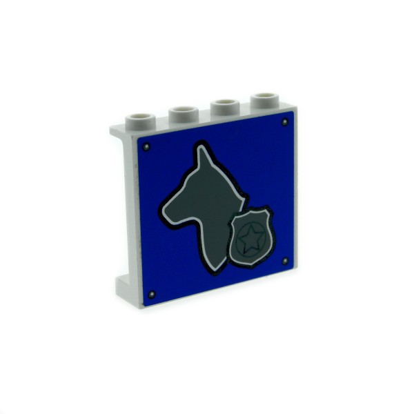 1 x Lego System Panele weiss neue Form 1x4x3 Noppen leer mit Aufkleber blau Polizei Hunde Kopf und Marke für Set 4441 87543 60581pb008