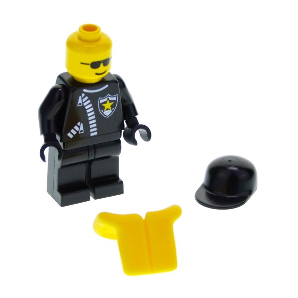 1 x Lego System Figur Mann Town Jr. Torso schwarz Polizei Marke Stern Reißverschluss Sonnenbrille Basecap schwarz Schwimmweste gelb cop041*