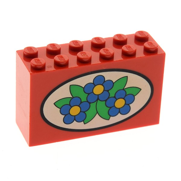 1x Lego Bau Stein rot 2x6x3 bedruckt Blumen Pflanzen blau 9280 6213px4