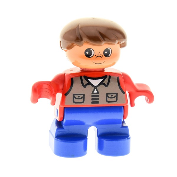 1x Lego Duplo Figur Kind Junge blau rot Weste grau Haare braun 3089 6453pb012