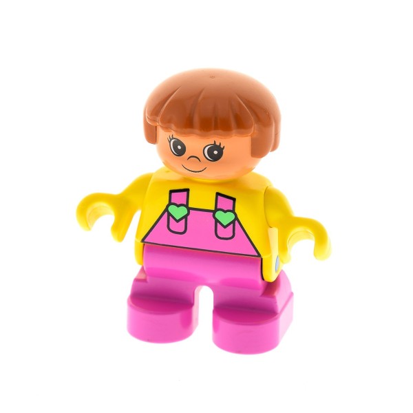 1x Lego Duplo Figur Kind Mädchen pink rosa Herz Hosenträger gelb 9148 6453pb022