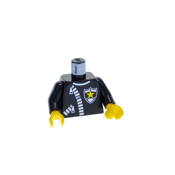 1 x Lego System Torso Oberkörper Figur Classic Town Jr. schwarz Leder Jacke Polizei Marke Stern Reißverschluss Arme schwarz Hand gelb 973px9