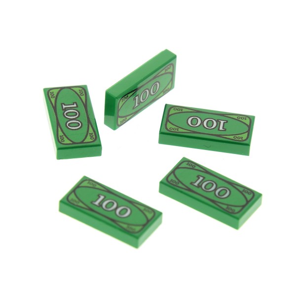 5 x Lego System Geld Scheine Fliese grün 1x2 Motiv Stein bedruckt 100 Doller Money ( bright hell grün ) 3069bpx7