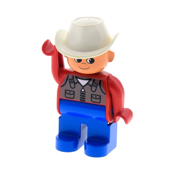 1x Lego Duplo Figur Mann blau Weste grau rot Hut weiß Cowboy 3089 4555pb202