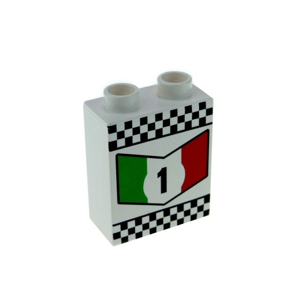 1 x Lego Duplo Motivstein 1x2x2 weiß bedruckt Ziel Fahne Flagge rot grün 4066pb396