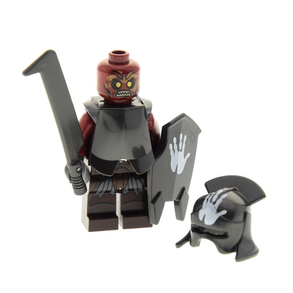 1 x Lego System Figur Uruk Hai dunkel braun Rüstung Helm perl dunkel grau Handabdruck Schild breit Schwert Hobbit Herr der Ringe Set 9476 10237 970c00pb159 973pb1130c01 lor022