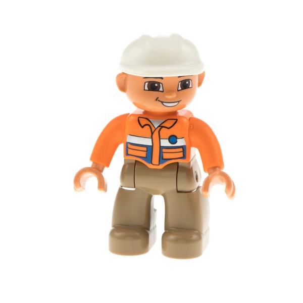 1x Lego Duplo Figur Mann Bauarbeiter beige orange Punkt blau Helm 47394pb102a