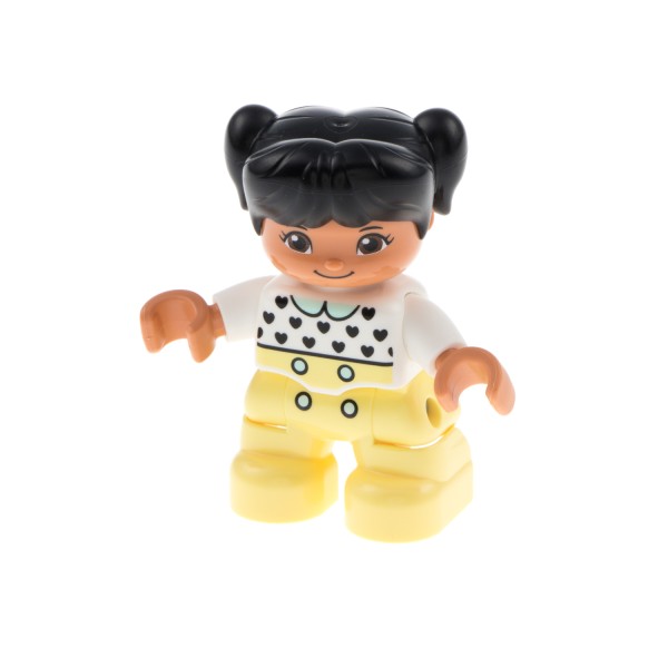 1x Lego Duplo Figur Kind Mädchen hell gelb Hose Top weiß mit Herzen 47205pb069