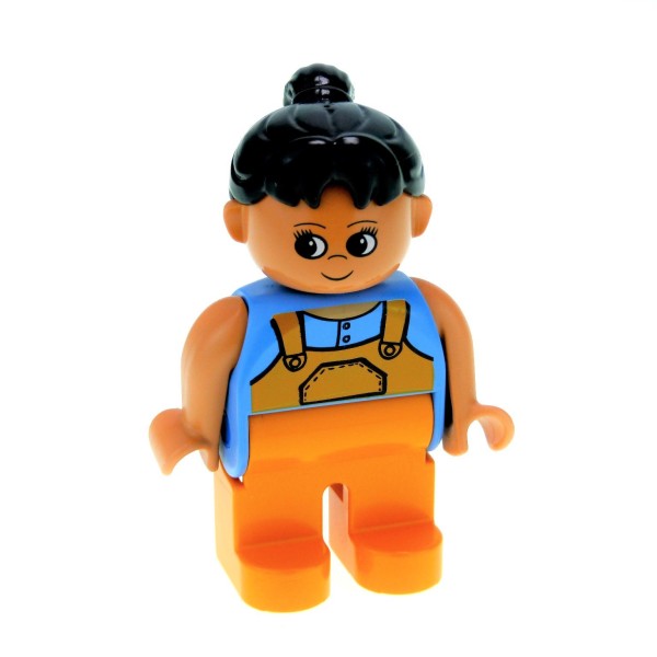 1x Lego Duplo Figur Frau orange Latzhose Top hell blau Zopf Mutter 4555pb152