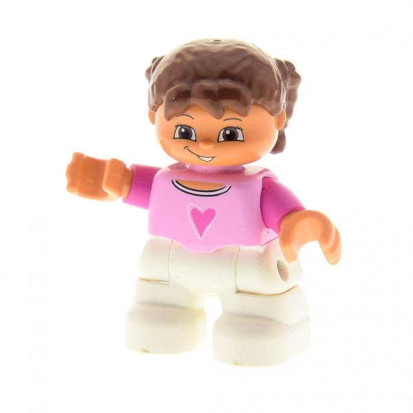 1x Lego Duplo Figur Kind Mädchen weiß Pullover rosa Herz Haare Zöpfe 47205pb008
