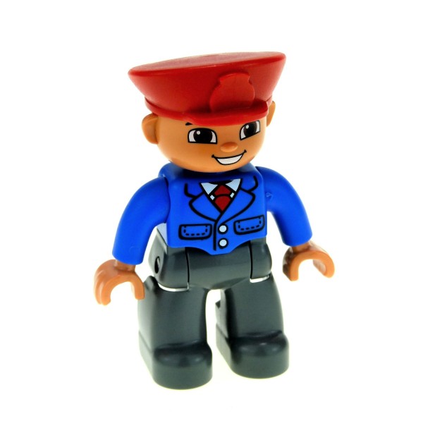 1x Lego Duplo Figur Mann grau Schaffner Hose Jacke blau Mütze rot Zug 47394pb165