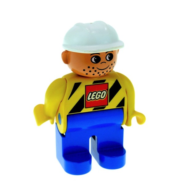 1x Lego Duplo Figur Mann blau Oberteil gelb Helm weiß Bauarbeiter 4555pb038