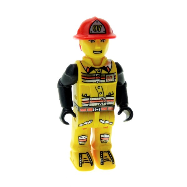 1 x Lego System Figur 4 Juniors Jack Stone Feuerwehr Mann Nr 7 Jacke gelb schwarz Helm rot #07 (Flamme Rückseite) 4609 4605 4657 js007