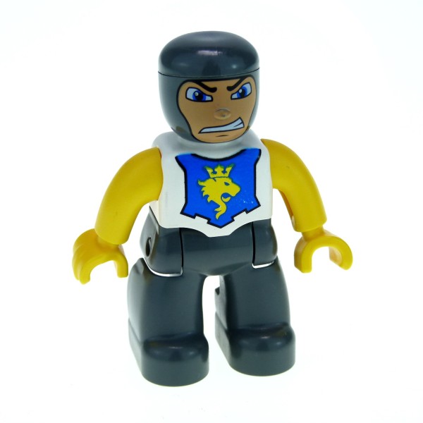 1 x Lego Duplo Figur Mann B-Ware abgenutzt Ritter Hose neu-dunkel grau Oberteil weiss gelb mit Löwen Kopf und Krone für Burg Castle 47394pb017