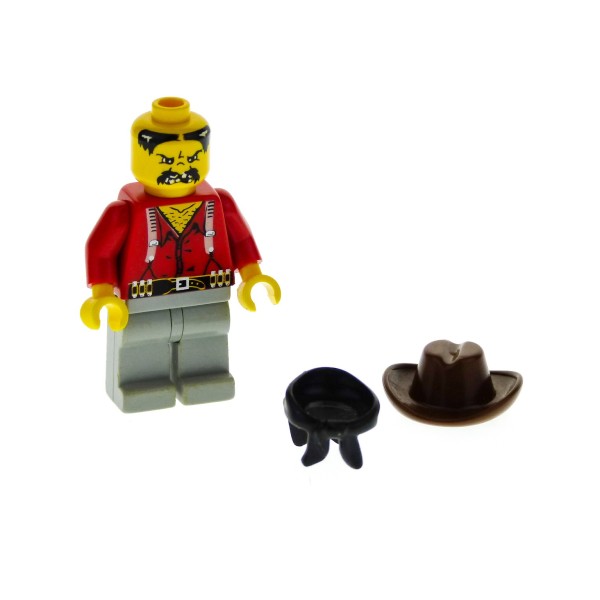 1 x Lego System Figur Mann Western Cowboy Bandit 2 Torso rot bedruckt mit Hosenträger Halstuch schwarz Cowboy Hut braun Set 6769 6755 6764 ww008