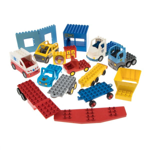 1x Lego Duplo Set Fahrzeuge B-Ware abgenutzt LKW Gebäude Anhänger rot gelb