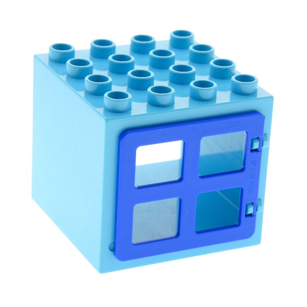 1 x Lego Duplo Haus Fenster Tür Rahmen Würfel medium azure hell blau Rand breit 4x4x3 Klappe 4 Scheiben gleich gross blau Set 45007 10553 90265 11345