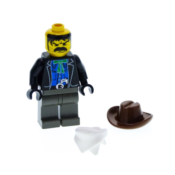 1 x Lego System Figur Mann Western Cowboy Bandit 4 Torso schwarz bedruckt mit Jacke Hemd blau Pistole Halstuch weiss Cowboy Hut braun ww011