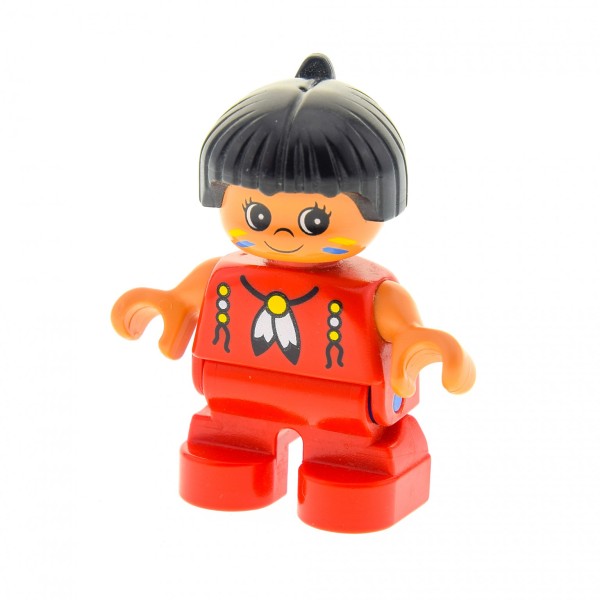 1x Lego Duplo Figur Kind Mädchen rot Top Haare schwarz Feder Indianer 6453pb031