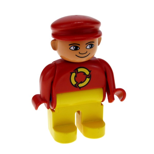 1x Lego Duplo Figur Mann gelb rot Mütze Recycling Logo Nase nach unten 4555pb125
