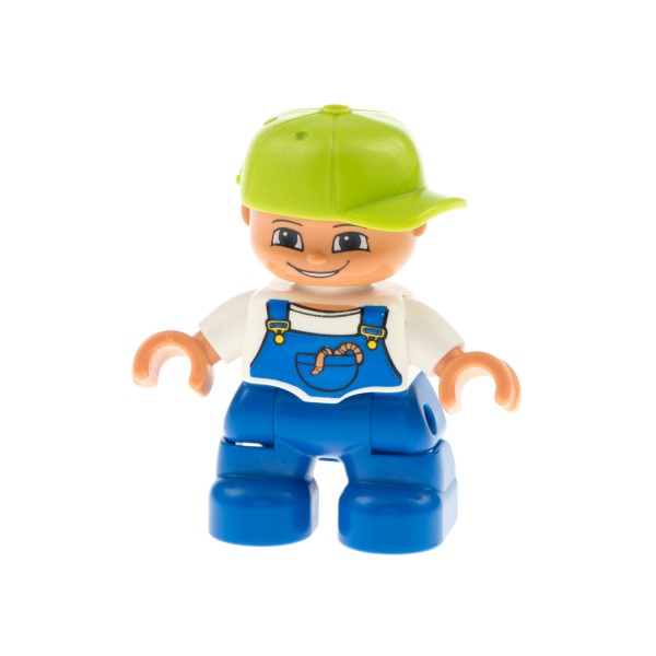 1x Lego Duplo Figur Kind Junge blau Latzhose Regenwurm Basecap grün 47205pb002
