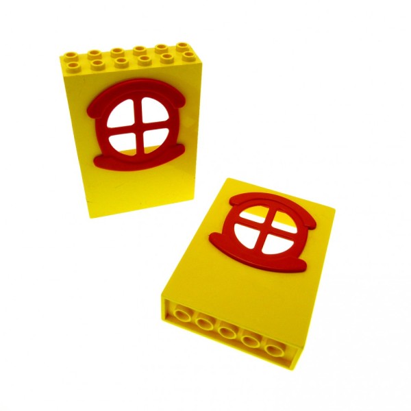 2 x Lego System Fabuland Fenster gelb rot 2 x 6 x 7 Rahmen rund mit Fensterkreuz Haus x635c01