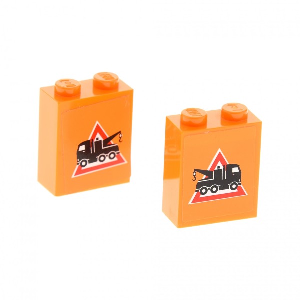 2x Lego Bau Stein orange 1x2x2 Sticker Abschlepp Logo recht links Set 7642 3245