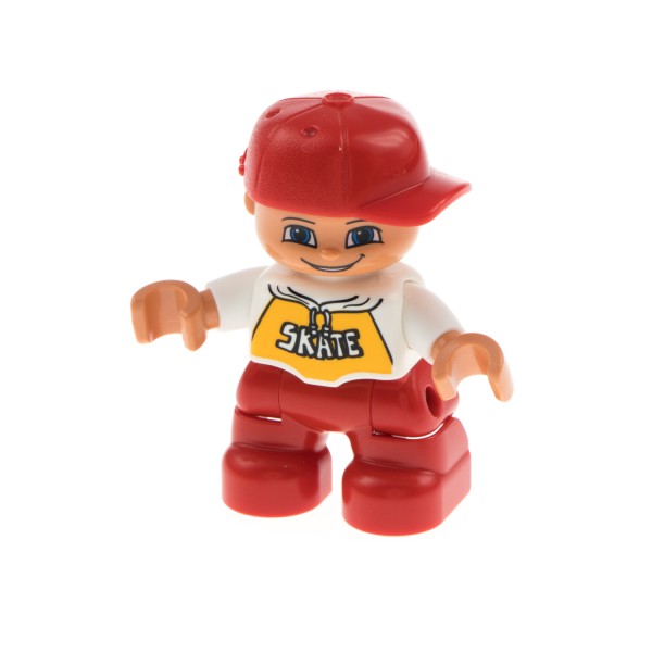 1x Lego Duplo Figur Kind Junge rot Top weiß orange Aufdruck Skate 47205pb012