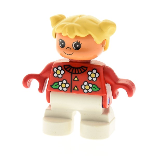 1 x Lego Duplo Figur Kind B-Ware abgenutzt Mädchen Hose weiß Jacke rot mit Blumen und Kragen Haare gelb Zöpfe Type 2 6453pb038