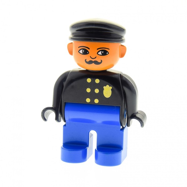 1x Lego Duplo Figur Mann blau schwarz Polizist 6 Knöpfen Schnurrbart 4555pb266