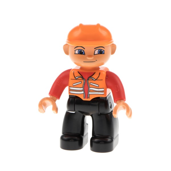 1x Lego Duplo Figur Mann schwarz rot orange Bauarbeiter Helm orange 47394pb001
