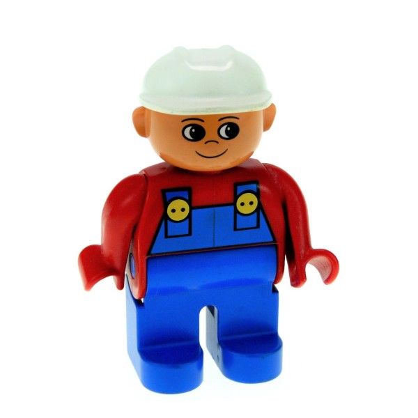 1x Lego Duplo Figur Mann Latzhose blau rot Baustelle (Nase nach oben) 4555pb076