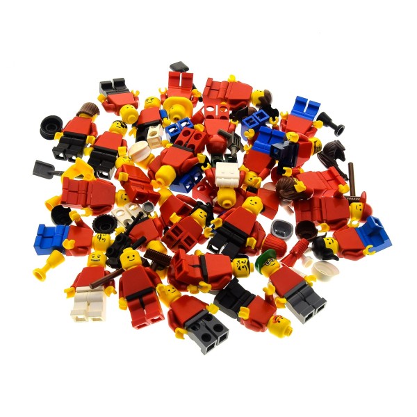 5 x Lego System City Mini Figuren Town City Torso rot uni Mann Frau mit Zubehör Haare Kopfbedeckung zufällig gemischt 
