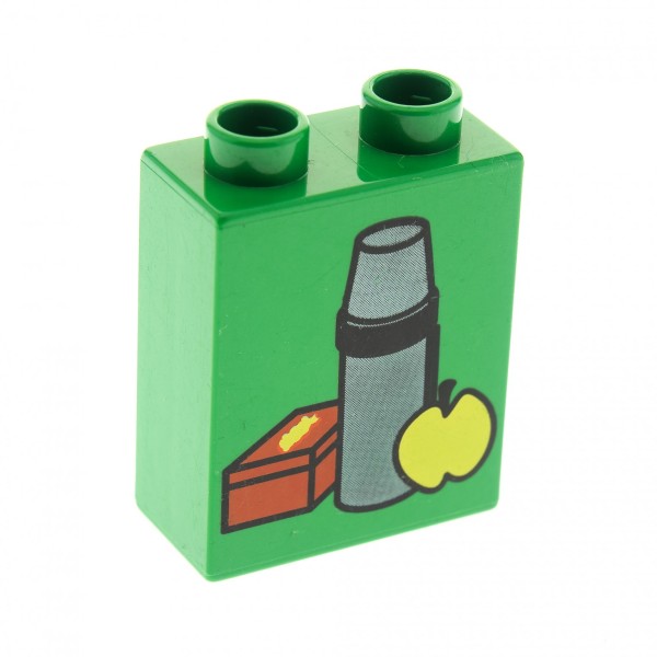 1 x Lego Duplo Motivstein grün 1x2x2 bedruckt Pausen Brot Flasche Lunch Box Bild Bau Stein 4066pb112